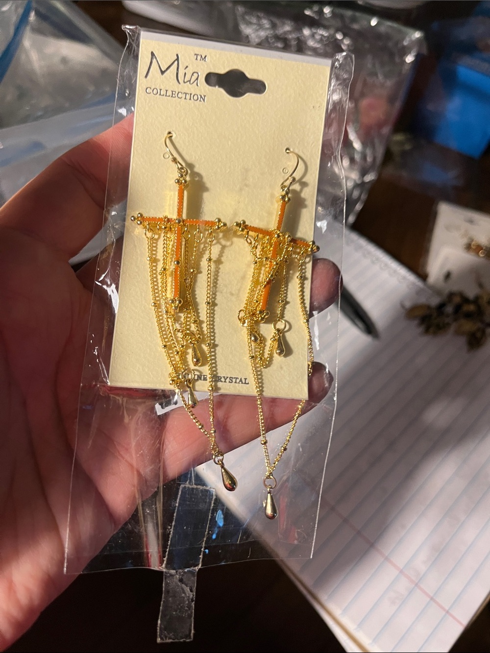 MIACOLLECTION Gold and Orange Multi-Chain cross Dangle Earrings 1549